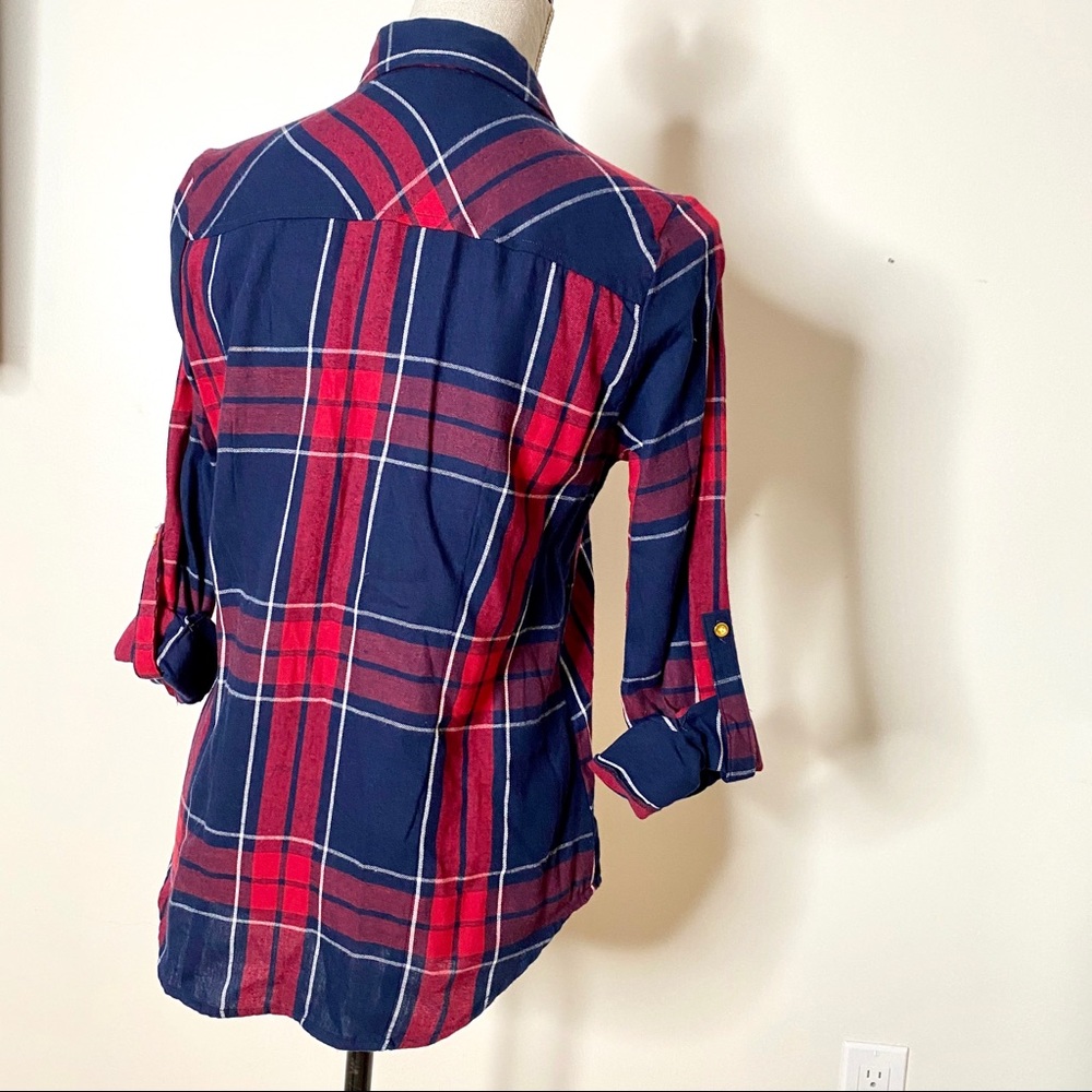 Blue Red Cotton Flannel Gold Buttons Long Shirt - Picture 4 of 9